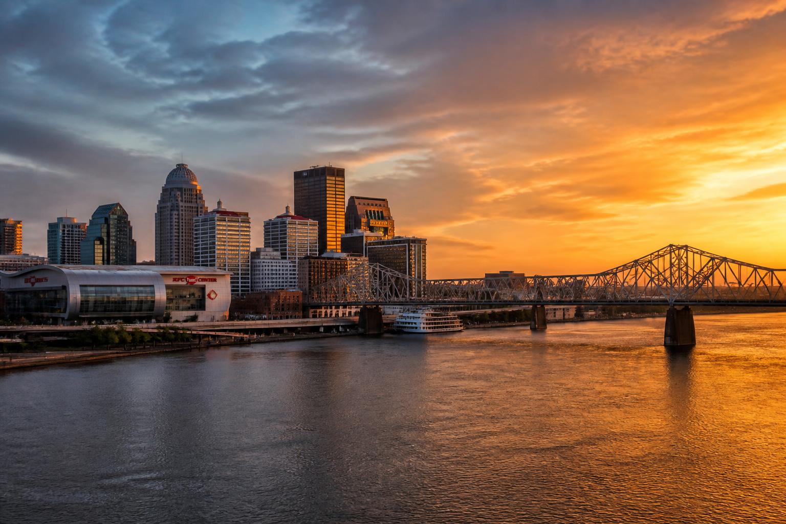 Louisville Kentucky skyline at sunset